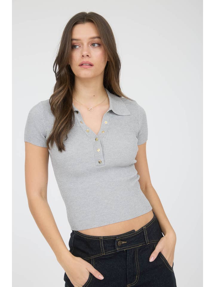 The Workshop Studio - Wholesale Knit Top - Women's - GOLD SNAP BUTTON SHORT SLEEVE SWEATER KNIT POLO