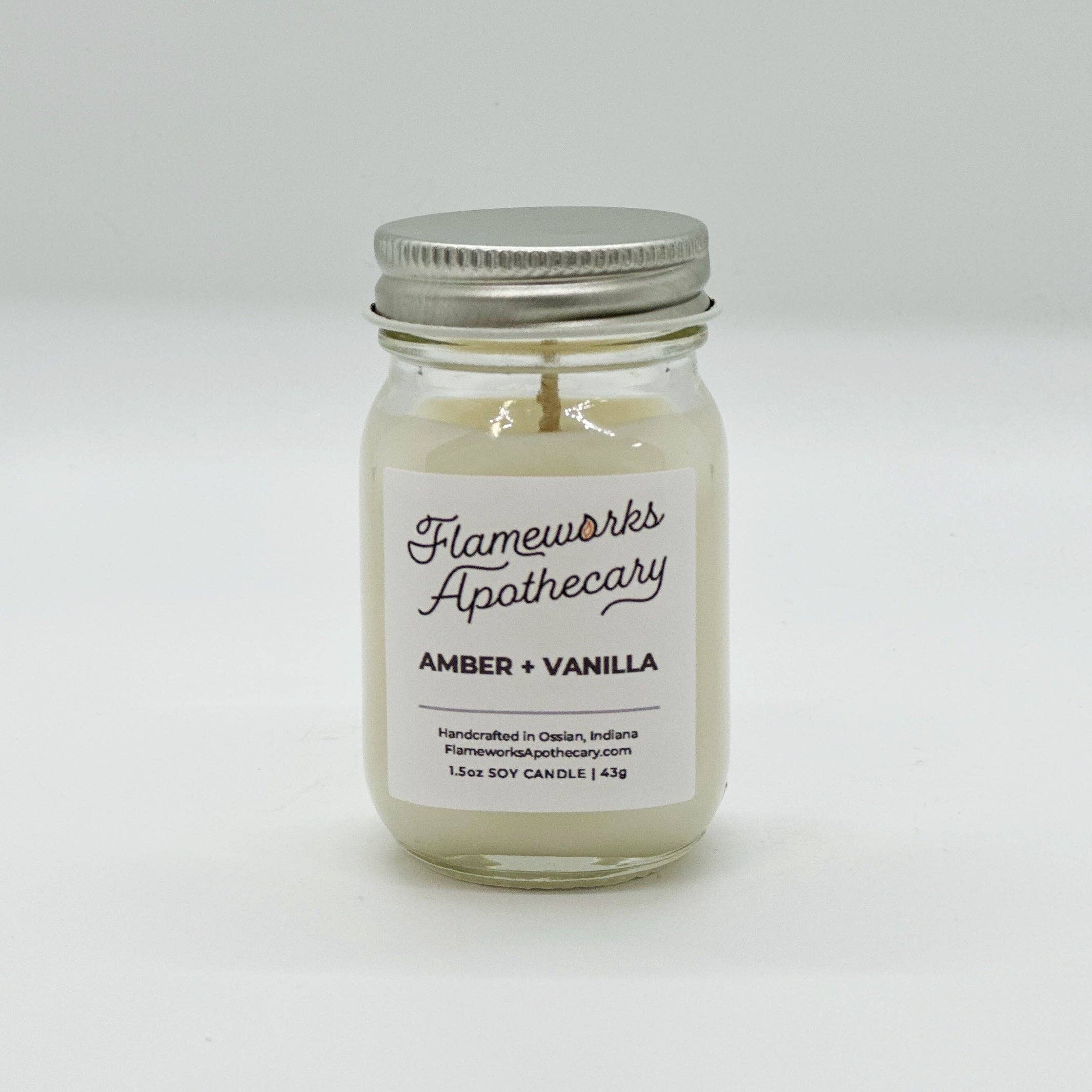 Flameworks Apothecary - Wholesale Jar/filled candle - Amber + Vanilla 1.5 oz Mini Mason Jar Candle