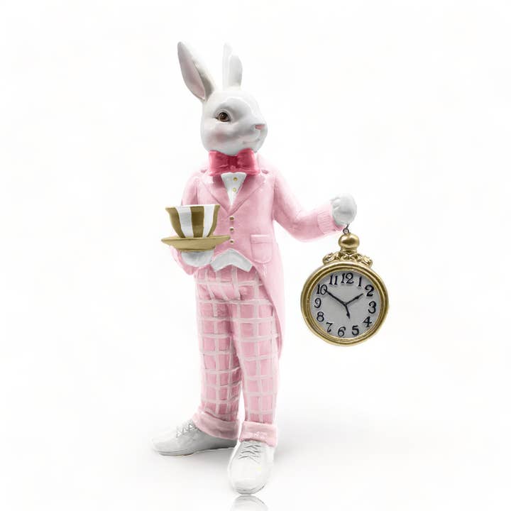 Lapin rose avec tasse de thé et montre pour la vente par December Diamonds