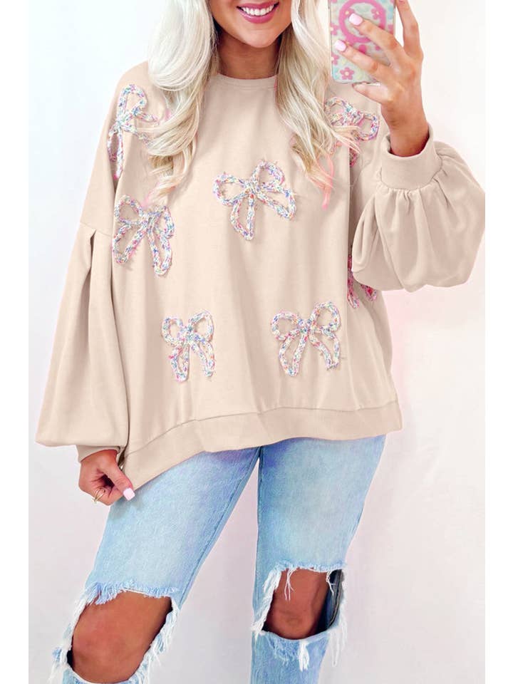 PRETTY BASH - Wholesale Sweatshirt - Women's - Bow Embroidered Lantern Sleeve Sweatshirt