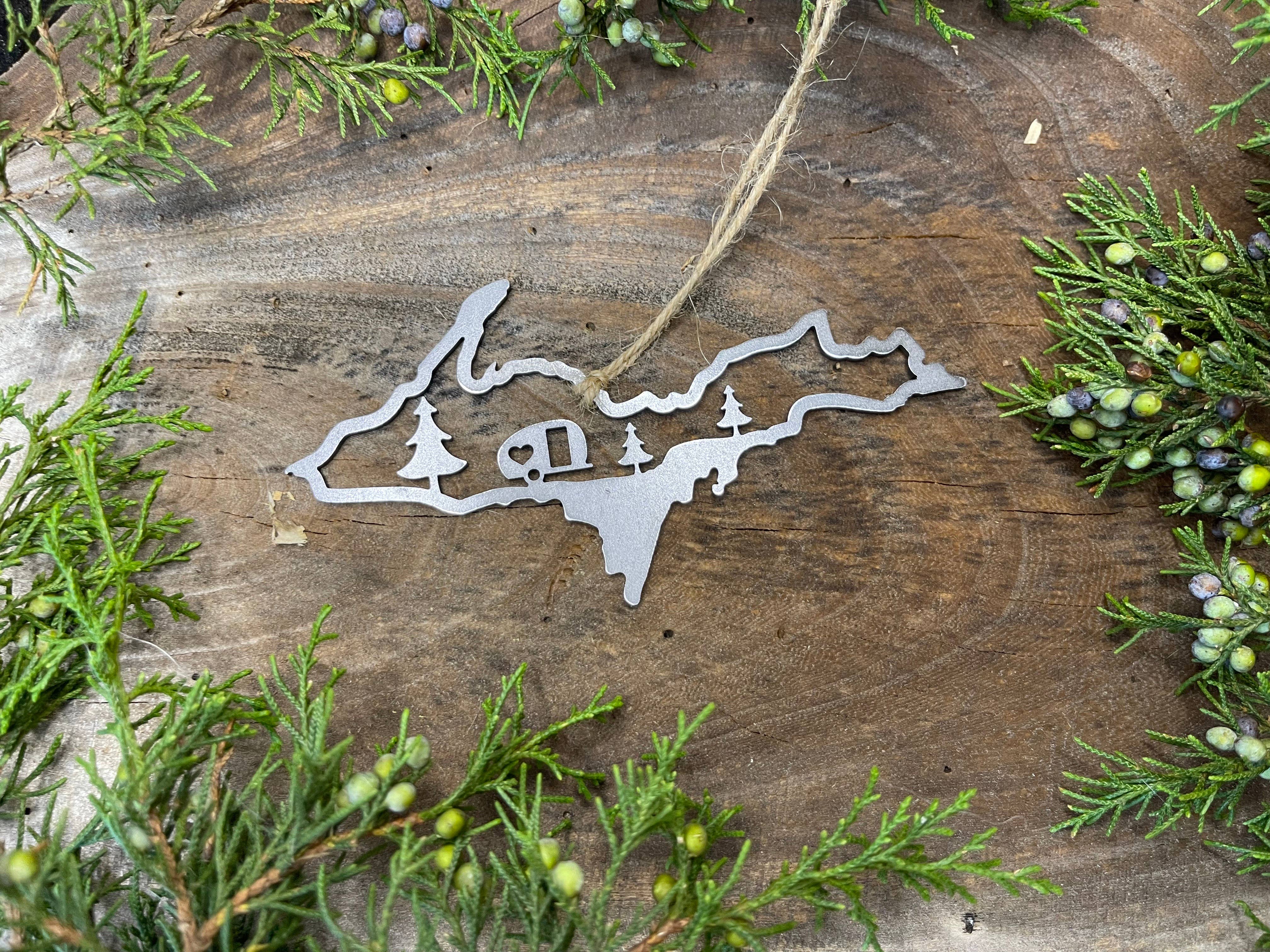 BE Creations & Designs, Inc. - Wholesale Ornament - Michigan Upper Peninsula CAMPER Scene Raw Steel Ornament4