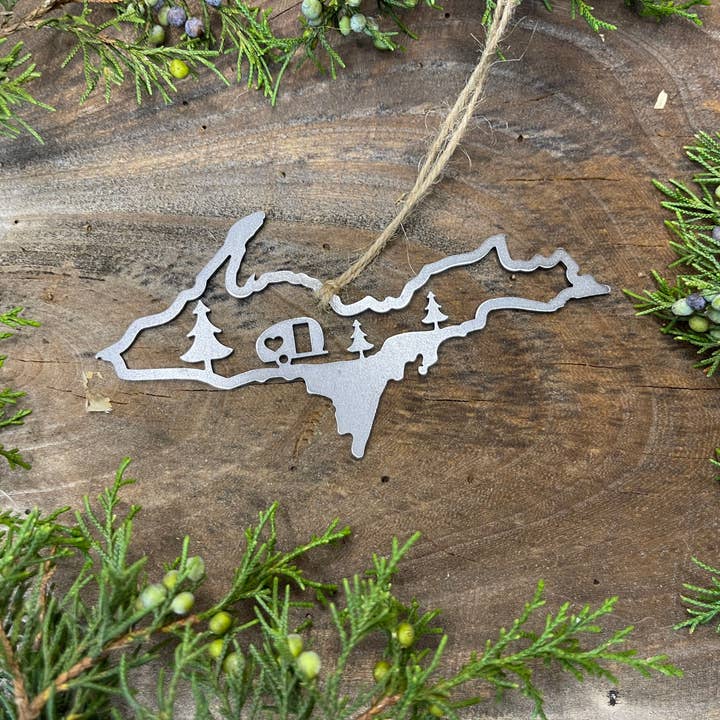 BE Creations & Designs, Inc. - Wholesale Ornament - Michigan Upper Peninsula CAMPER Scene Raw Steel Ornament4