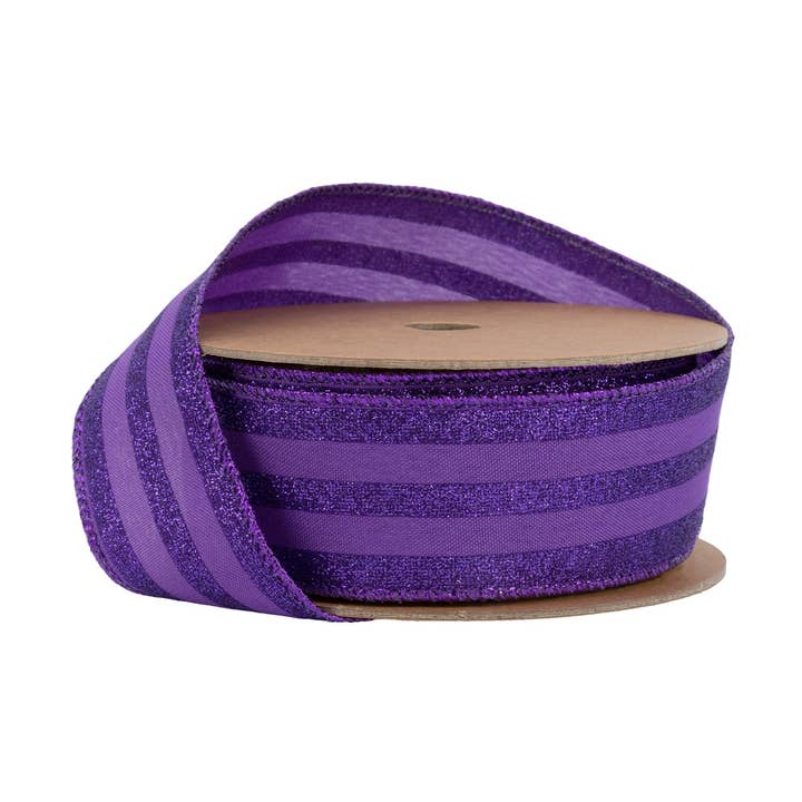 1 1/2" Wired Ribbon | Purple Glittered Pinstripes on Purple | 10 Yard Roll
for wholesale by LA Ribbons Wholesale