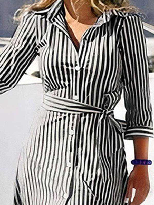 VividLux - Wholesale Dress - Women's - High Waisted Long Sleeves Buttoned Striped Tied Waist V-Neck Maxi Dresses Shirt Dress2