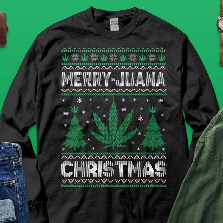 PositiveParty - Wholesale Graphic Sweatshirt - Women's - Merry-Juana Ugly Christmas Sweater, Marijuana Lover, Xmas1