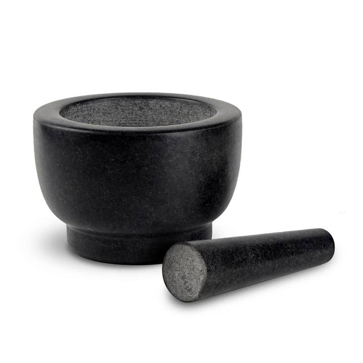 Polished Black Granite Pestle & Mortar With Base Set for wholesale by Silk Route Spice Company