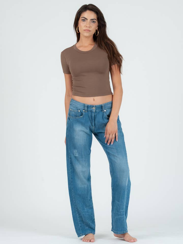 NYT3323-NICOLE ROUND NECK CROPPED TEE-ESPRESSO for wholesale by NYTT