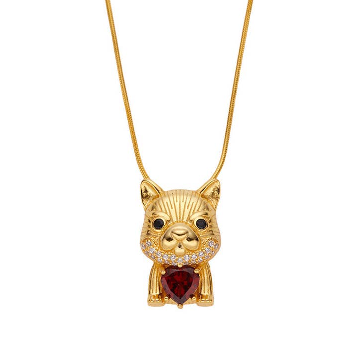 Collier en argent S925 avec pendentif chat et pierre naturelle grenat pour la vente par PARAGON CAT