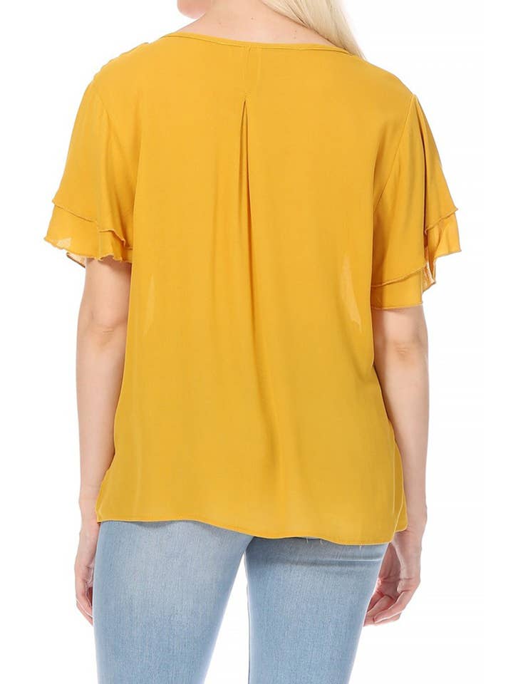 MOA COLLECTION - Wholesale Blouse - Women's - Casual Solid Flowy Short Flutter Sleeve Key Hole Blouse18