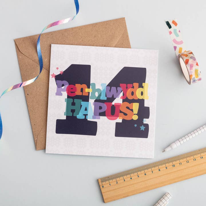 Birthday card 'Pen-blwydd hapus 14' for wholesale by Draenog