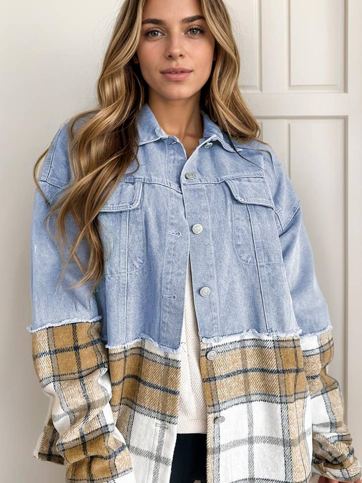 Chaqueta vaquera extragrande con botones y retazos a cuadros para venta al por mayor de PartyEight