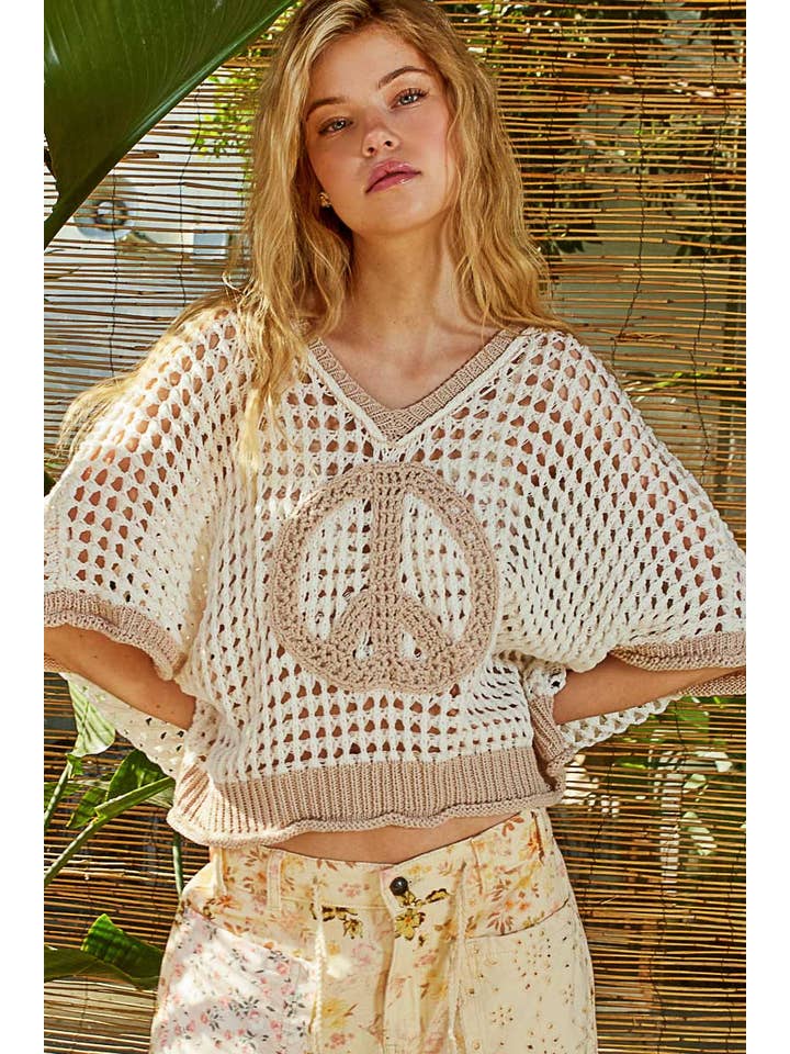 Pol Clothing - Wholesale Knit Sweater - Women's - Oversize v-neck short sleeve peace sign sweater SALE
