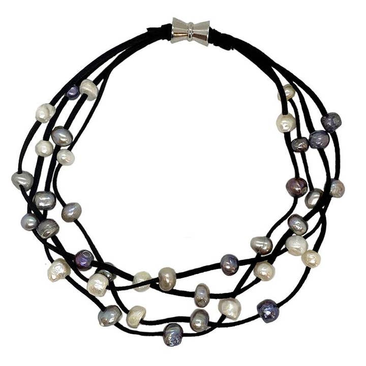 Girl With A Pearl - Wholesale Beaded/Pearl Necklace - 602-09-10 | BLACK SUEDE 4-STRAND MULTI PEARL NECKLACE