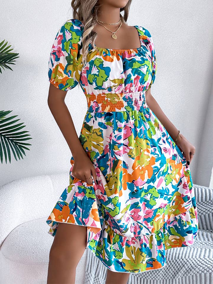 Wholesalesir - Wholesale Dress - Women's - Flower Square Neck Short Sleeved Dress