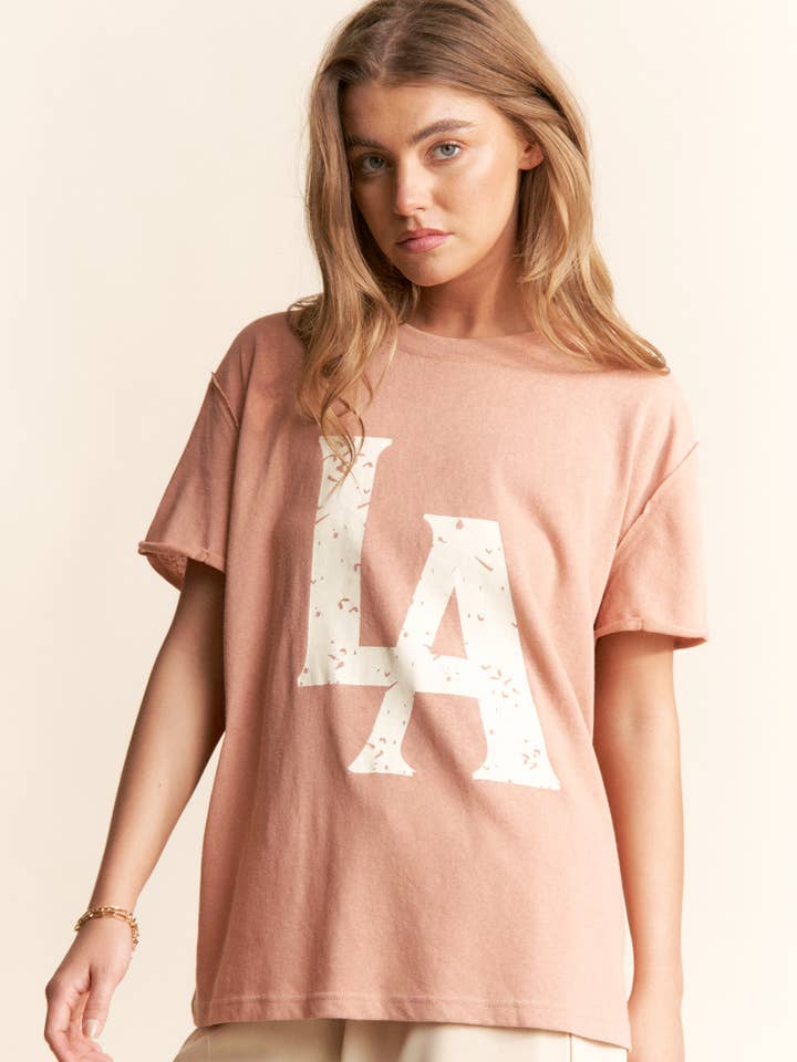 dust blush LA Logo Print Casual Short Sleeve Top for wholesale on Faire