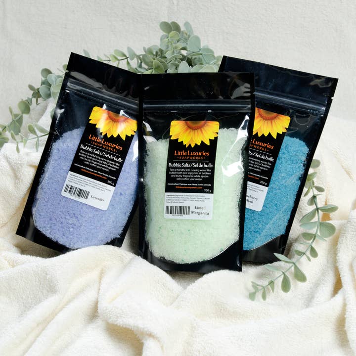 Bubble Salt 350g - in a stand up resealable pouch for wholesale by Little Luxuries Soapworks