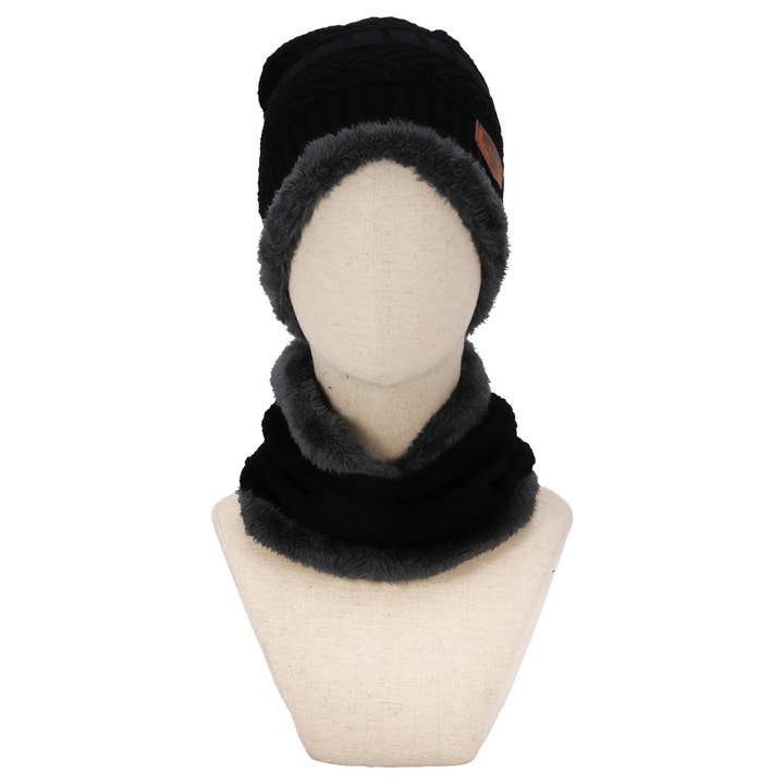 ASSORTED Dark Neutral Cable Knitted Fur Beanie Scarf - 2 Piece Set for wholesale on Faire4
