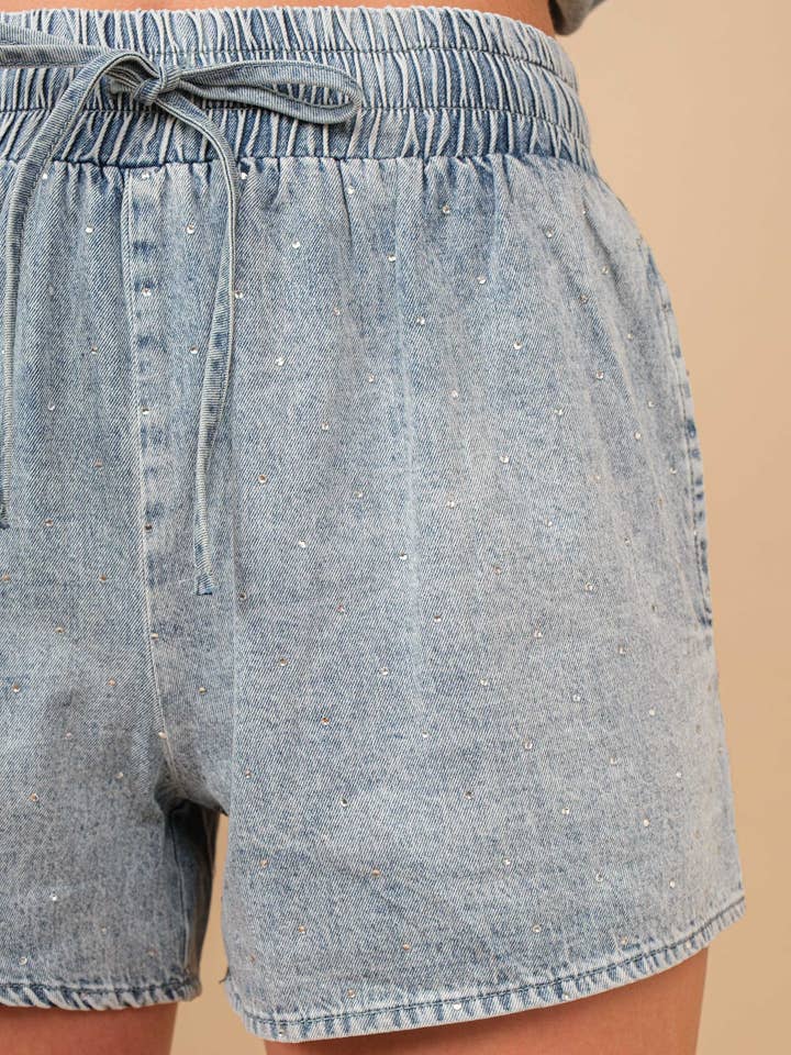 50006P - Garment Washed Rhinestone Elastic Waist Twill Short for wholesale by Blue B