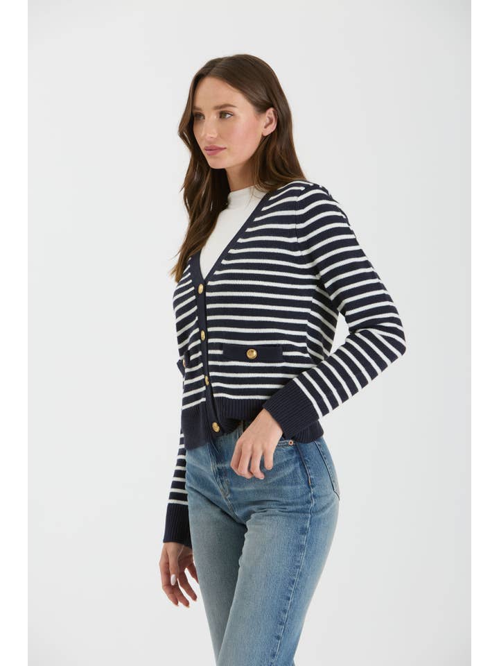The Workshop Studio - Wholesale Cardigan - Women's - STRIPE V NECK GOLD BUTTON DOWN KNIT CARDIGAN