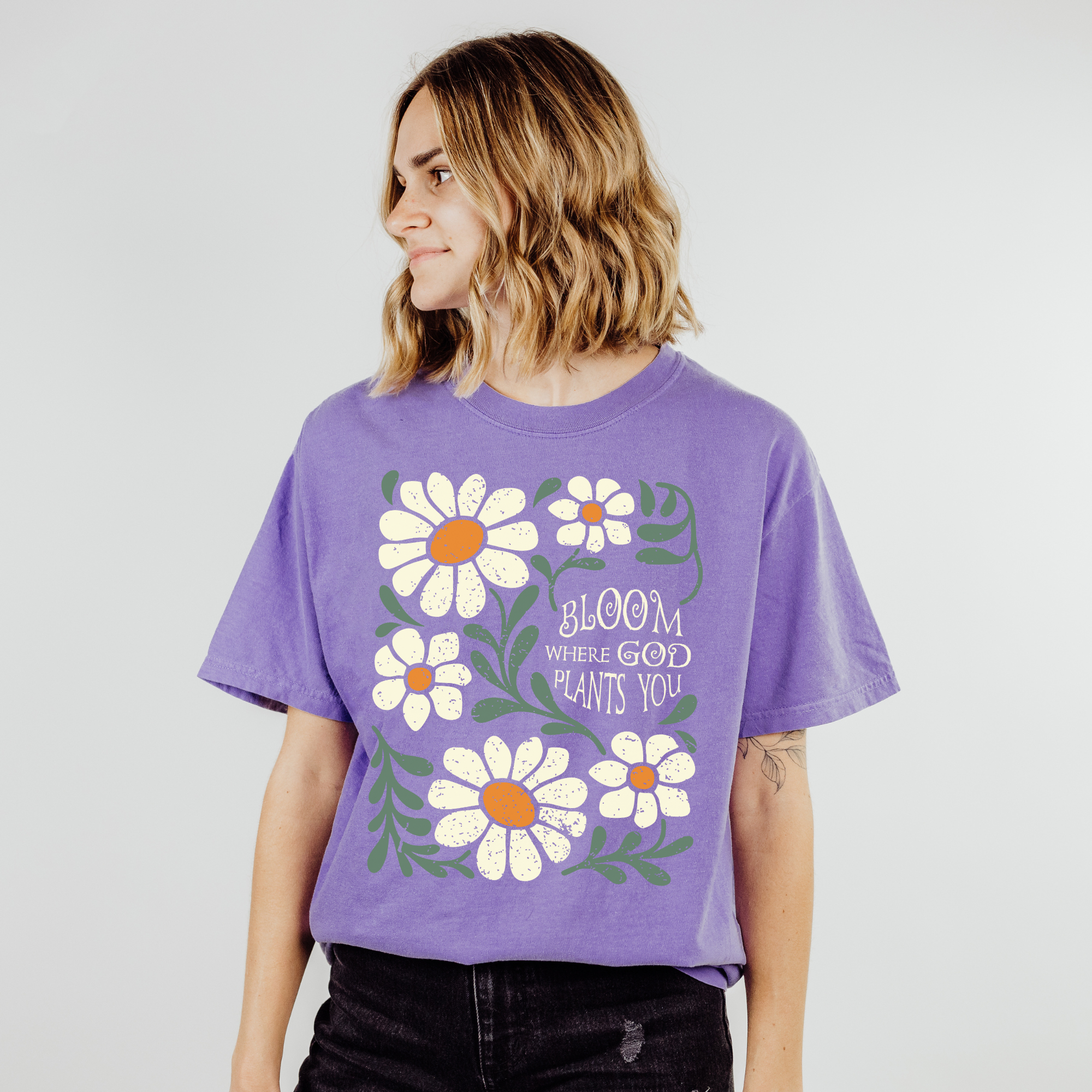 Scripted Pearl - Wholesale Screen Printed T-Shirt - Women's - Bloom Where God Plants You Comfort Colors Christian T Shirt2