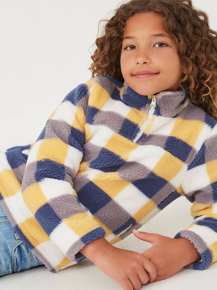 Girls Zip Up Mock Neck Plaid Fleece Top for wholesale by Hayden LA