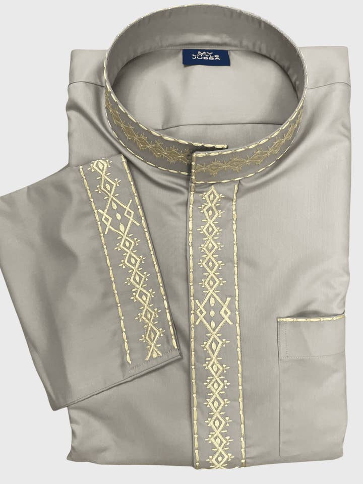 Mens Light Grey Saudi Thobe with Gold Embroidery for wholesale by MY LITTLE JUBBA