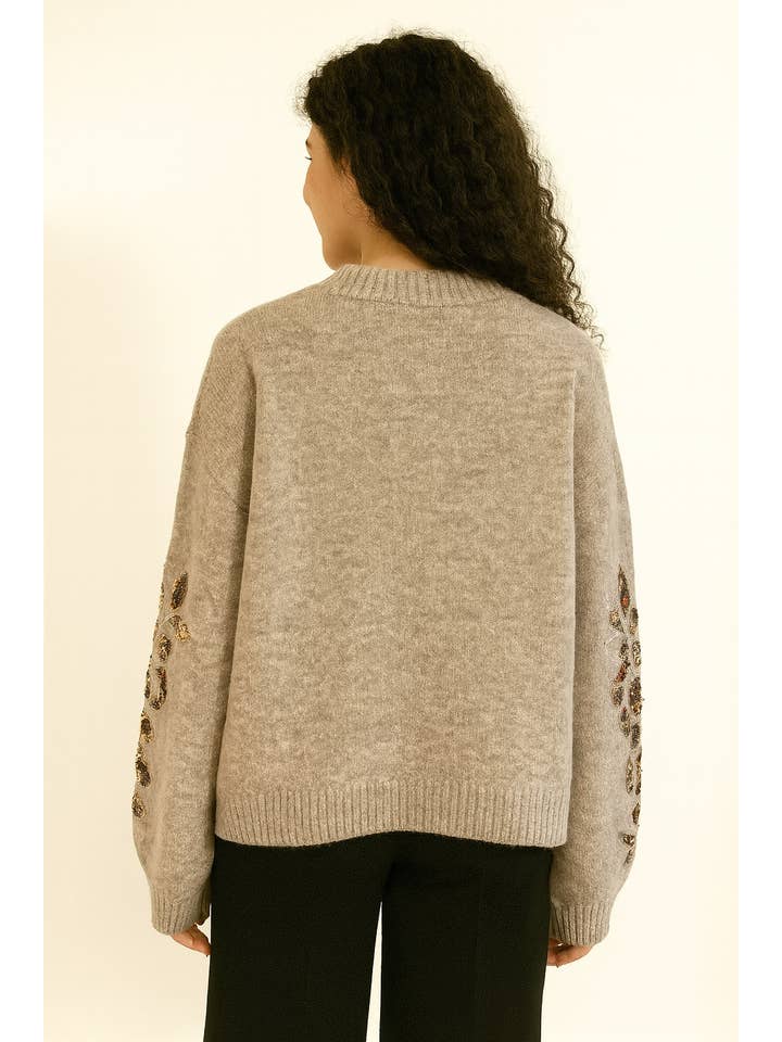 Afinity - Wholesale Knit Sweater - Women's - Oversized round neck sweater–Sequin embroidered sleeves AP153 TAUPE1
