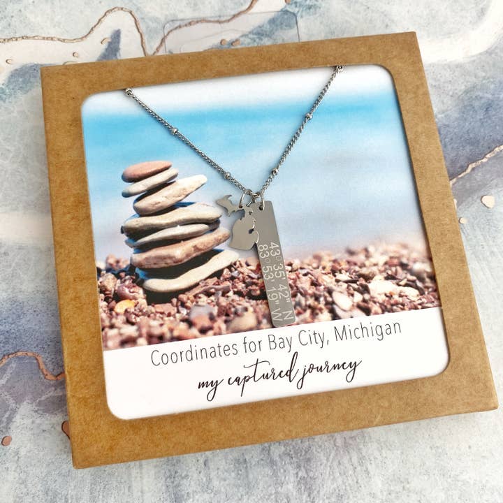 My Captured Journey - Wholesale Pendant/Charm Necklace - Custom Michigan Coordinates Vertical Bar Necklace - Name Drop5