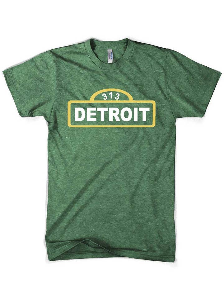 Mens Detroit Street Sign T-shirt (Heather Kelly Green) for wholesale on Faire