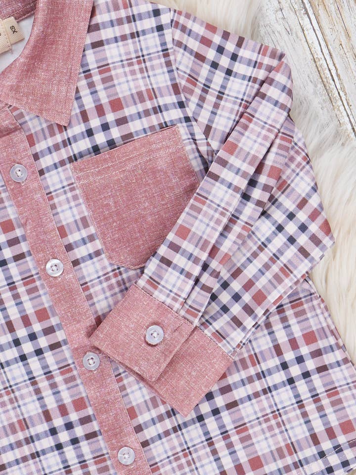 Marie Nicole Clothing - Wholesale Button Down Shirt - Kids - Pocket Button Up Plaid Shirt- Tan2