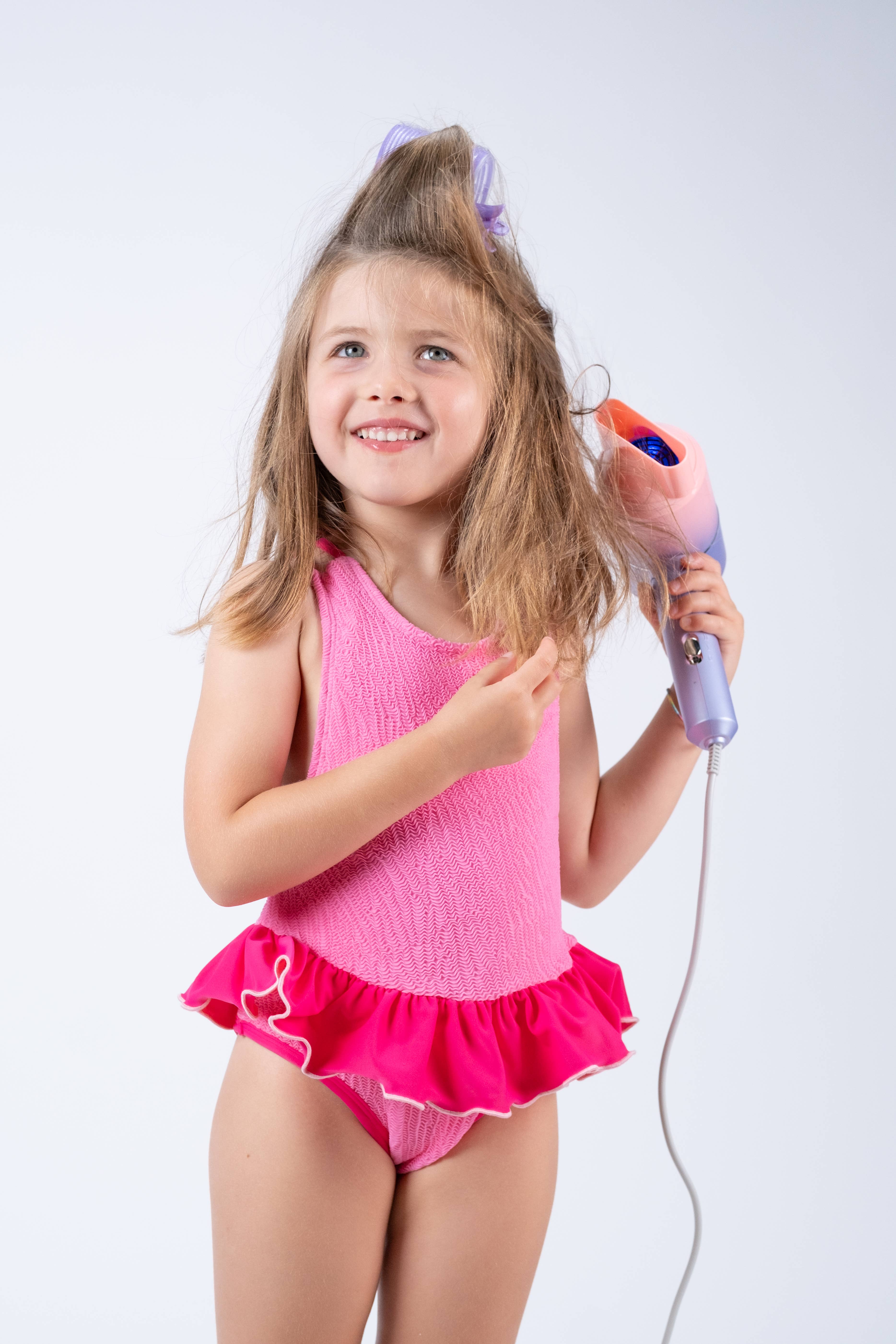 Paperboat - Vendita all'ingrosso Costume intero - Bambini - Costume intero bambina rosa con texture a onde e dettagli fucsia2