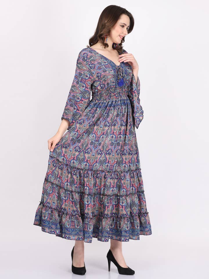 Wevez - Wholesale Dress - Women's - Women Bell Sleeve V-Neck Casual Boho Floral Print Maxi Dress6