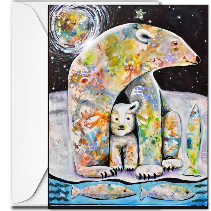 Blank card "Borealis Bears" mother and cub, north pole for wholesale by Alysse Hennessey Art