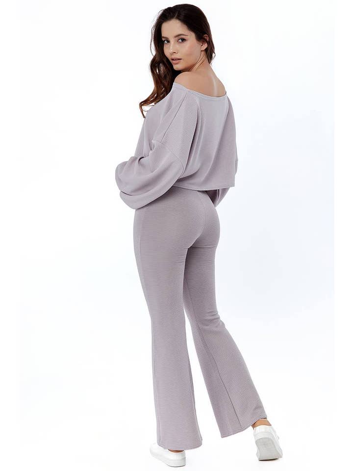 AVINCI – wholesale Top & pants set (NOT Loungewear) – Women's – Ribbed Two-Piece Off-the-Shoulder Crop Top Wide Leg Trouser Set5