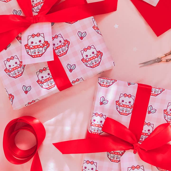 Carta da regalo natalizia a quadretti con tazza da tè per la vendita all'ingrosso da parte di Dottie's Paper Co.