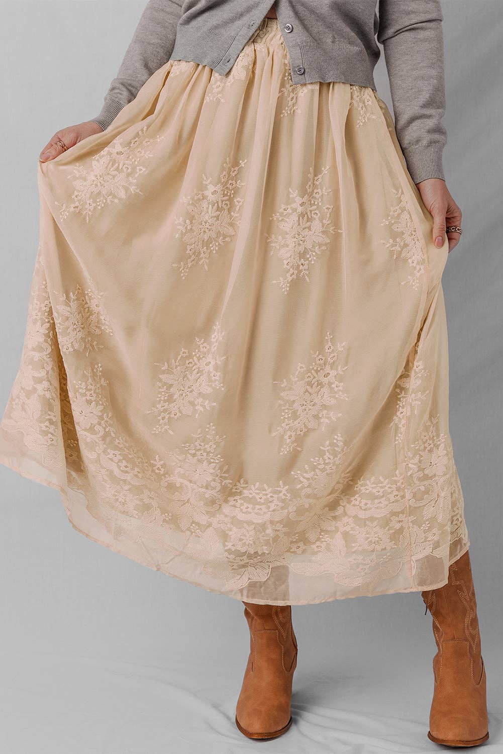 Oatmeal Embroidered Mesh Overlay Flowy Long Skirt for wholesale on Faire0