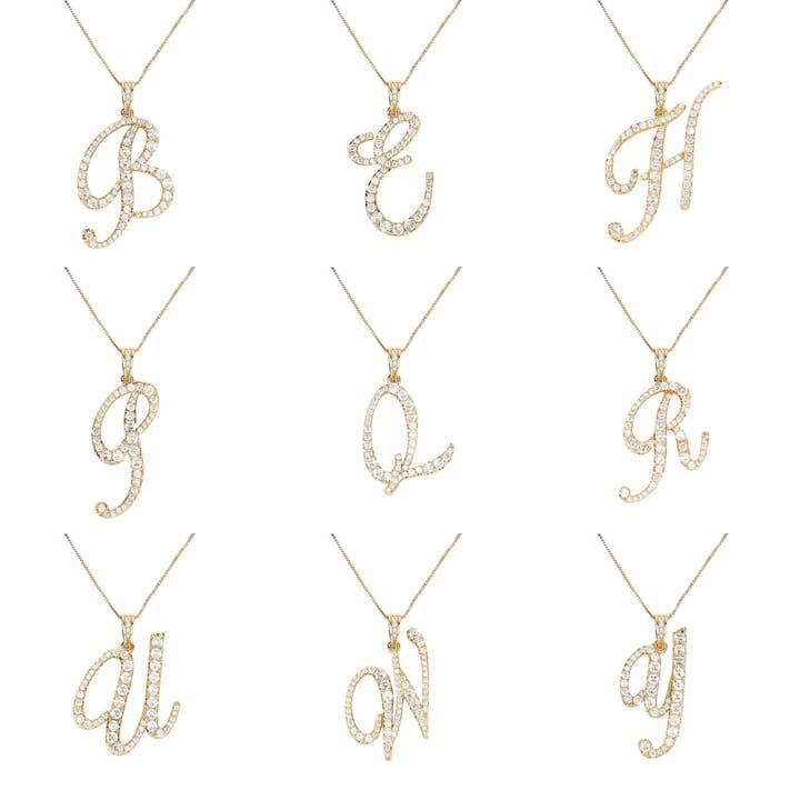 Pendentif Monogramme Lettre Initiale Cursive Alphabet CZ Grand-Or pour la vente par Diacly