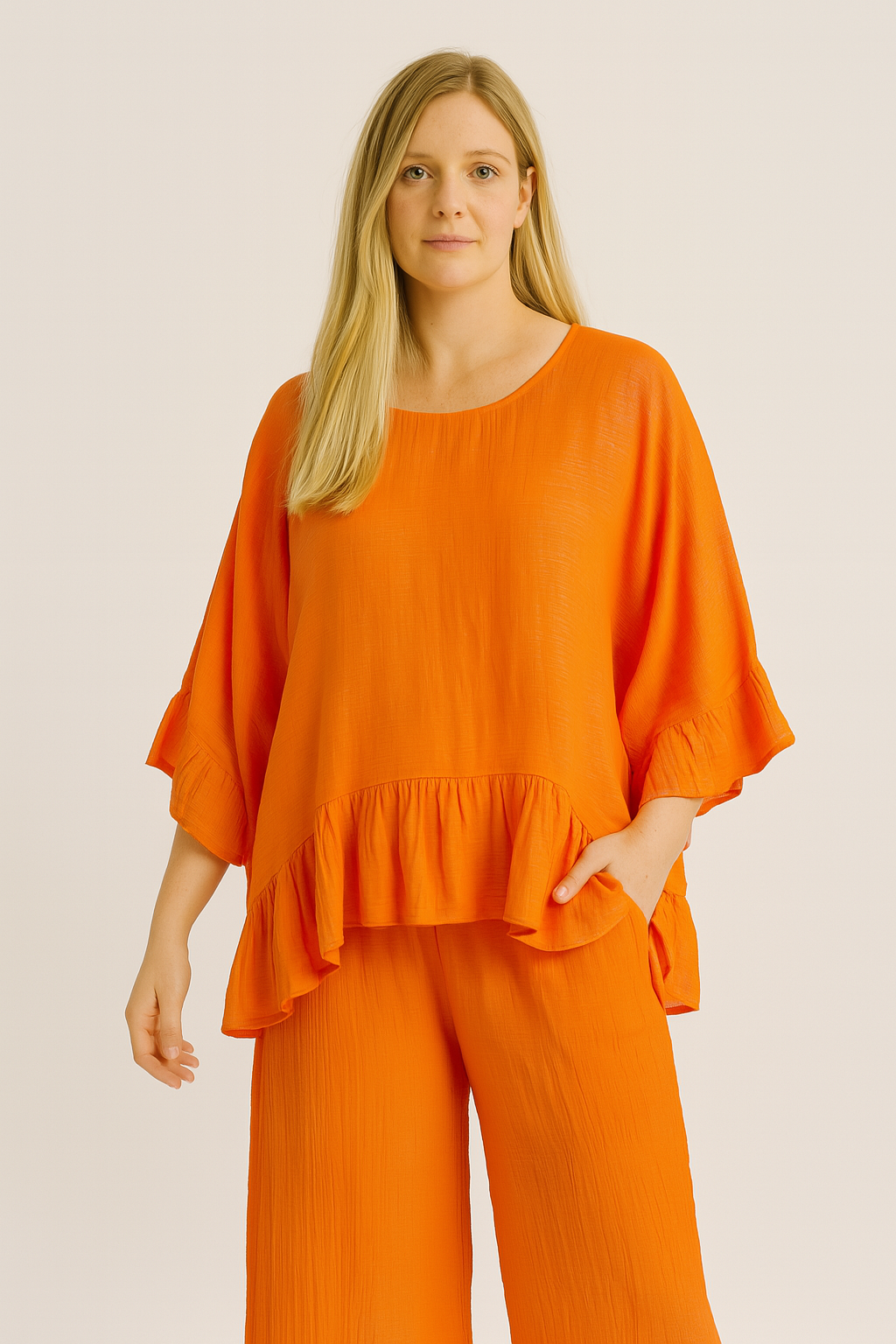 Lucy Sparks – Conjunto de top e calça (roupa NÃO Casual) - Mulher por atacado – CONJUNTO PLUS SIZE DE TOP E CALÇAS COM BAINHA FRANZIDA9