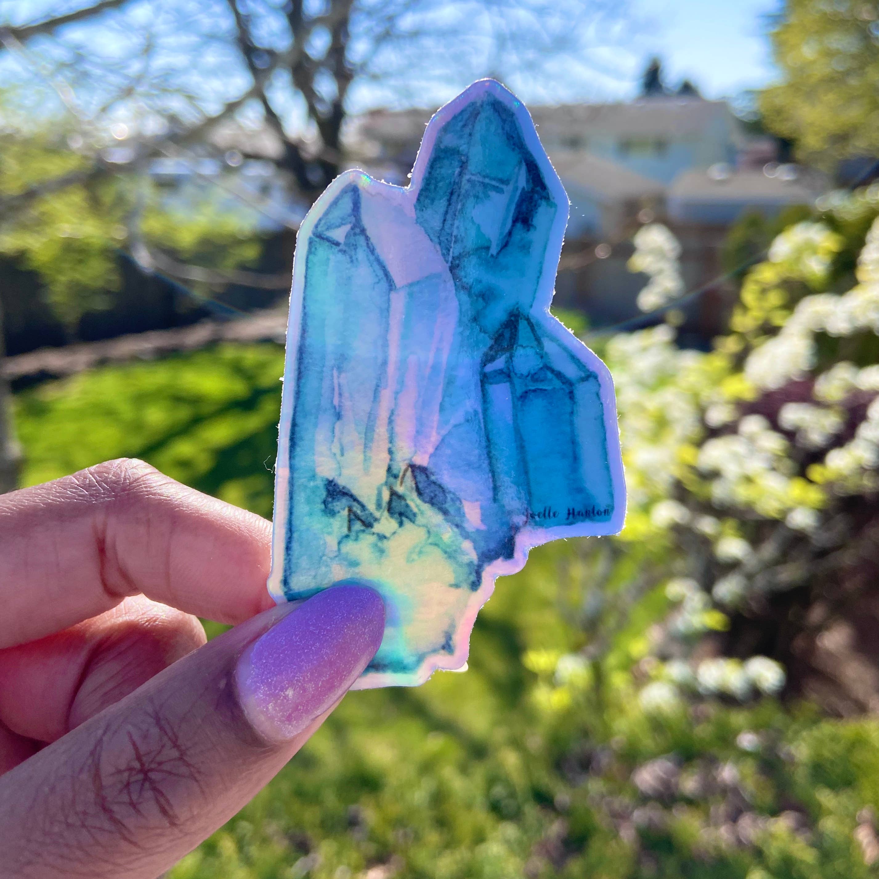 Joelle Hanton Art - Wholesale Sticker - Holographic Vinyl Sticker Turquoise Crystal Watercolor Art4