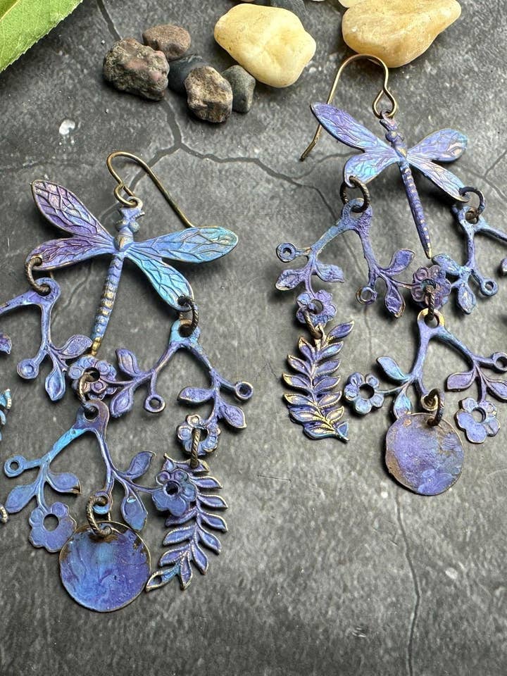 Meadow Earrings- Handmade Beaten Solid Brass- purple Patina for wholesale by The Sunstone on Main