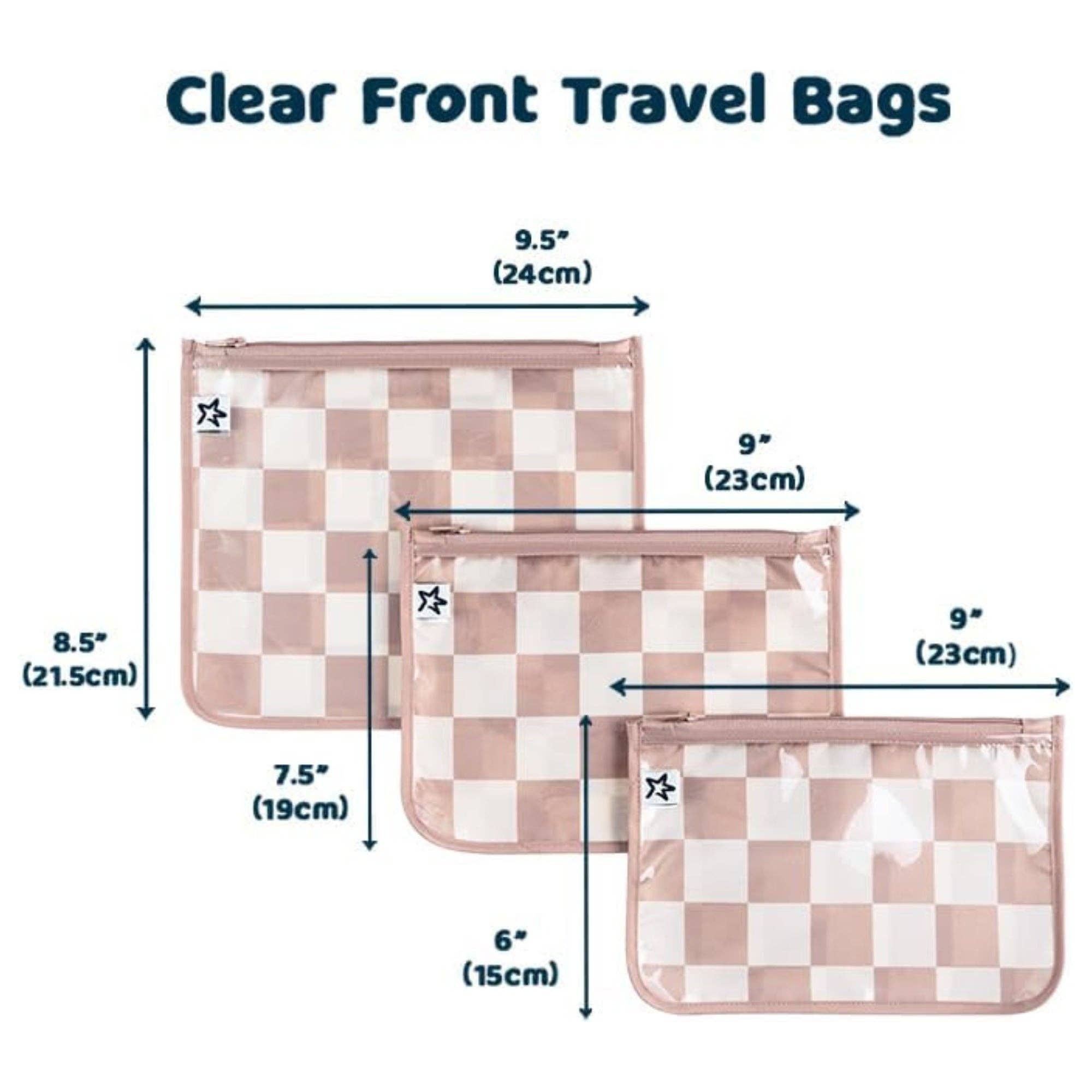 Tiny Twinkle - Wholesale Travel set - Tiny Twinkle - Clear Travel Bags - 3 Pack Sets - Beige Checkers (MSKU:ZT3-96)1