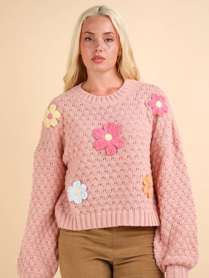 VERY J - Wholesale Knit Sweater - Women's - 12W3111NX-PLUS SIZE Hand Made Flower Applique Sweater Top