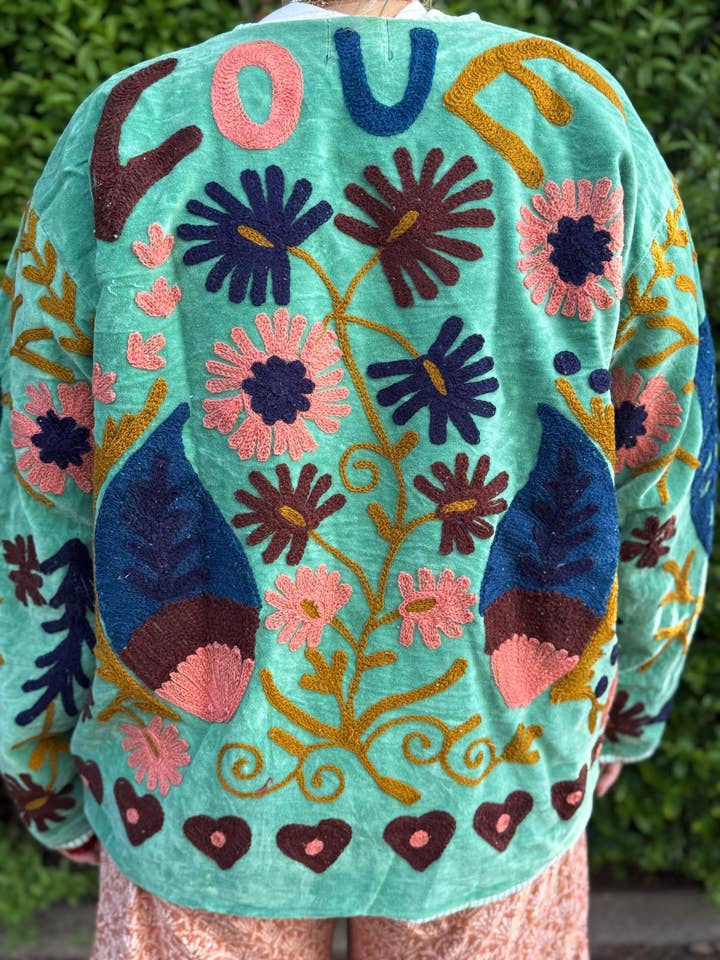 ToutVintage - Wholesale Jacket - Women's - Suzani Embroidery cotton jacket LOVE light turquoise