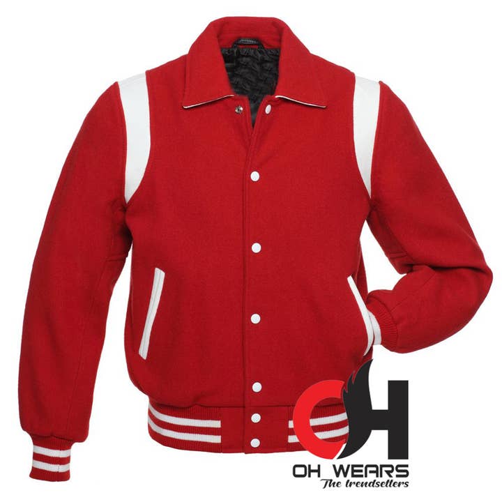 Byron Collegejacke aus roter Wolle mit weißen Lederstreifen für den Großhandel von OH Wears