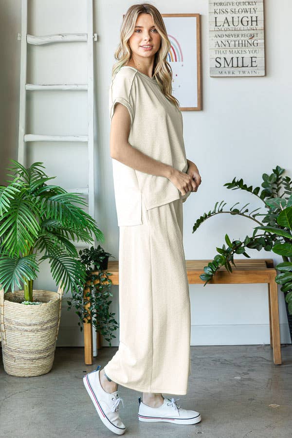 7th Ray - Wholesale Loungeset - Dames - Stevige Getextureerde Korte Mouw Wijde Pijpen Broek Lounge Set TP550416