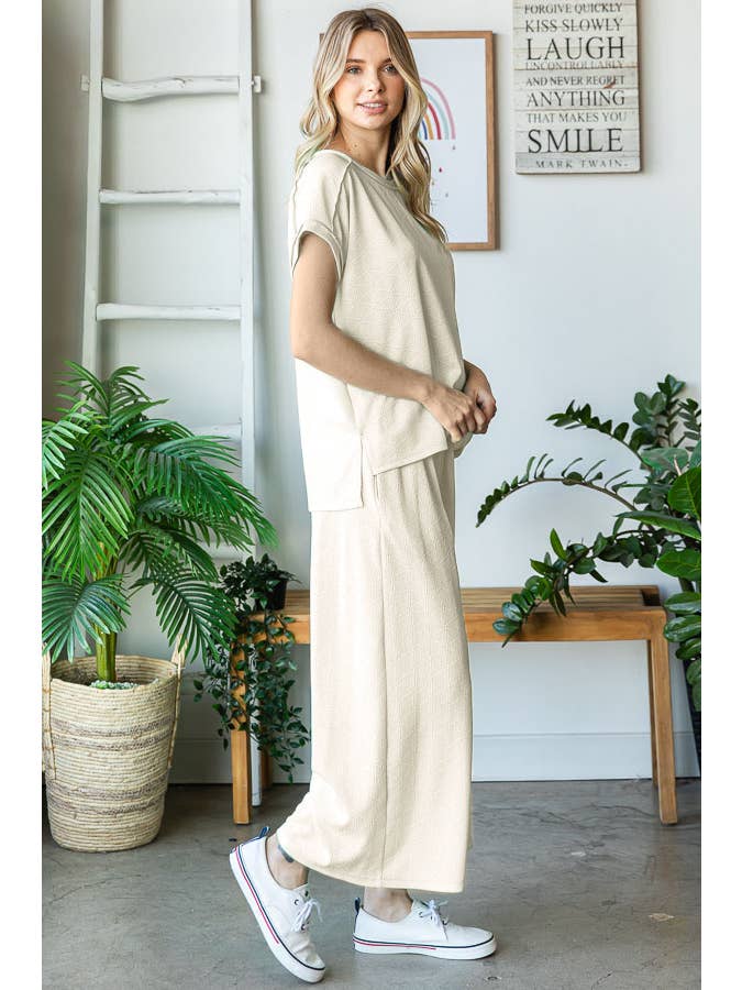 7th Ray - Wholesale Loungeset - Dames - Stevige Getextureerde Korte Mouw Wijde Pijpen Broek Lounge Set TP550416