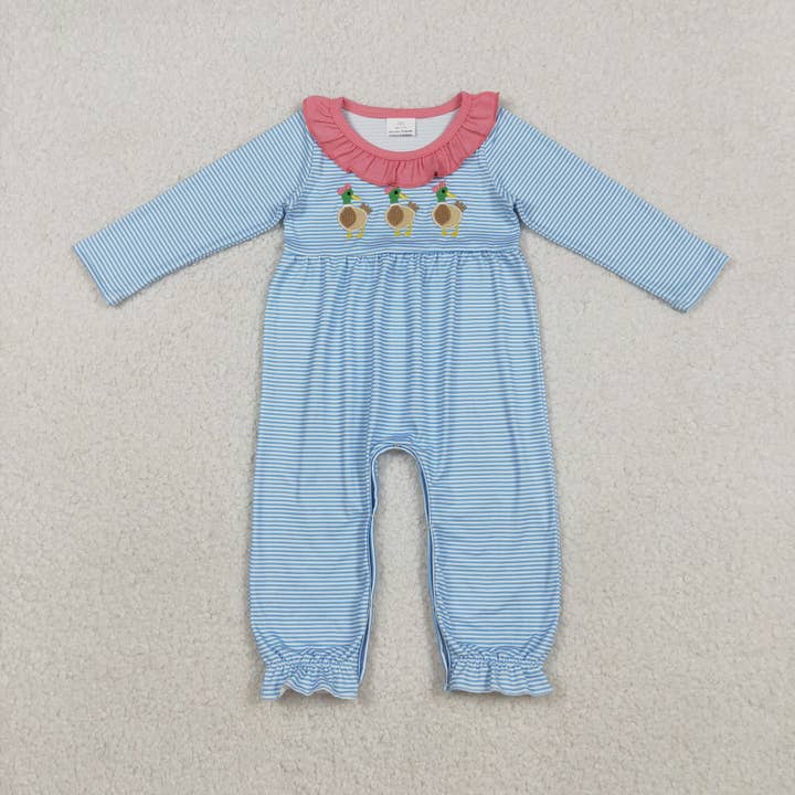 Embroidery Ducks Baby Girls Stripe Ruffle Collar Footie Rompers for wholesale by Aier Wholesale