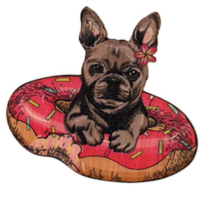 Frenchie in a Doughnut for wholesale by Bamboo Wood Stickers