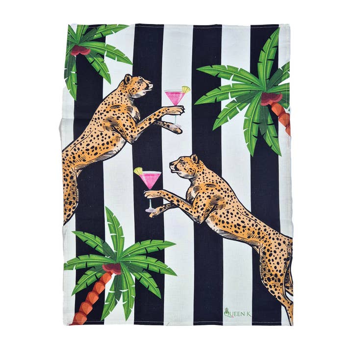 Cocktail Cheetah Black & White Striped 100% Linen Tea Towel for wholesale by Queen K