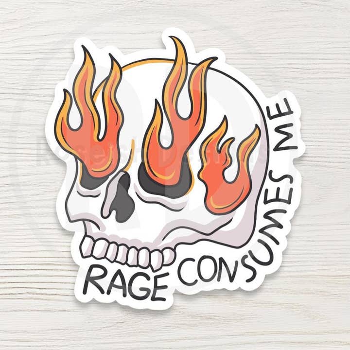 Flame Skull Vinyl Sticker - Rage Consumes Me Quote for wholesale by Roseish Designs